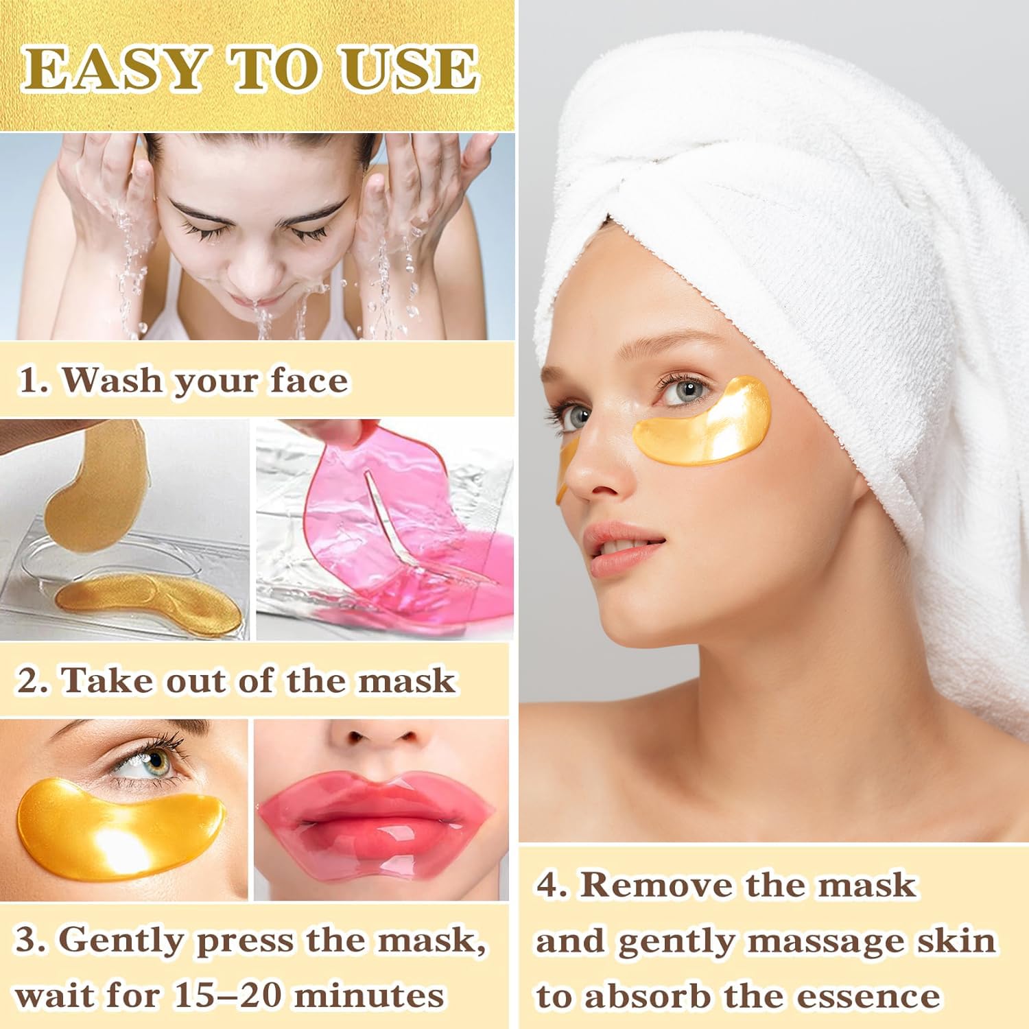 Eakroo collagen eye mask with gold finish close-up.