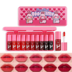 Eakroo lip tint set swatches in a 10-color palette for versatile looks.