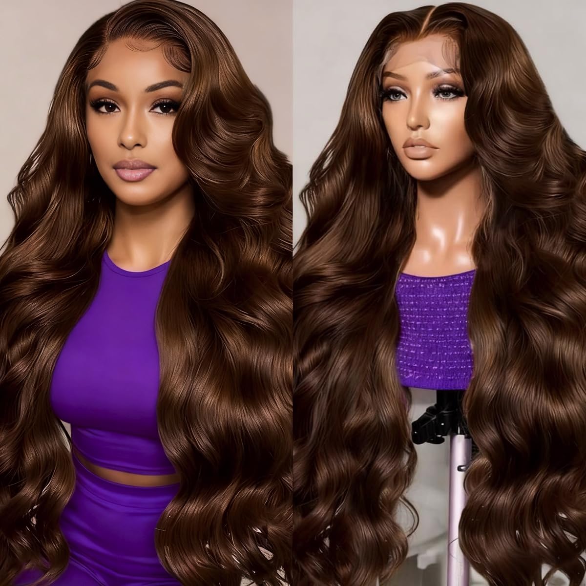 EAOIS chocolate brown 32-inch lace front wig frontal view for natural hairline and texture
