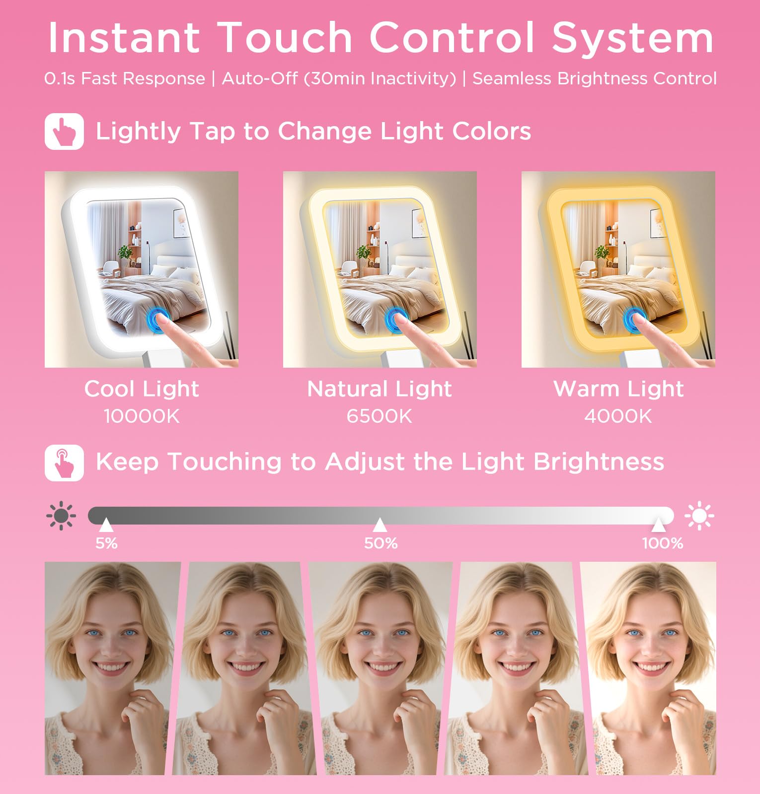 EAONE mirror with dimmable touch control for adjustable brightness