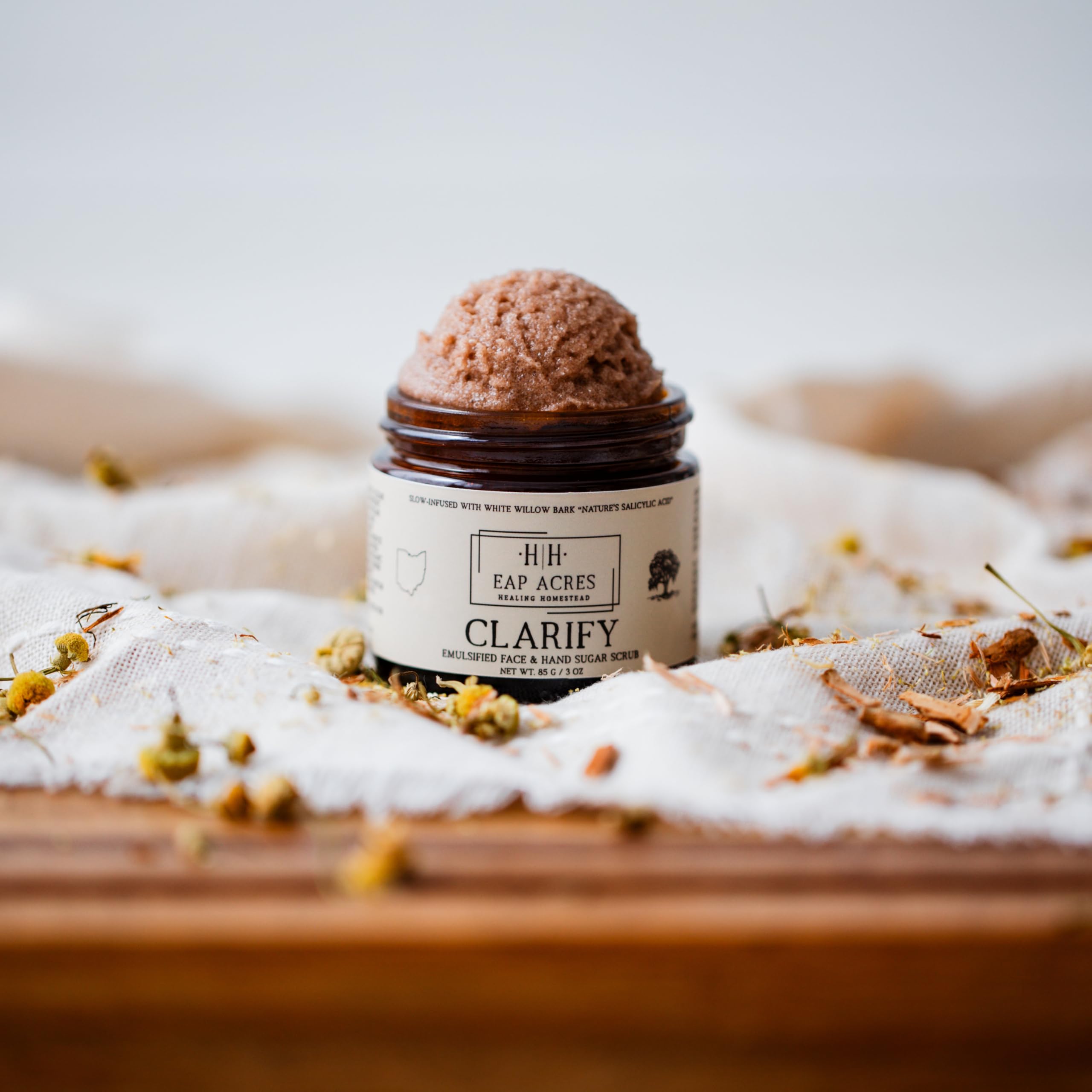 Jar closeup of EAP Acres Clarify with natural ingredient label.