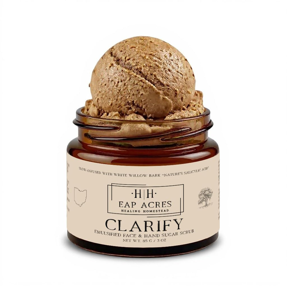 EAP Acres Clarify scrub with creamy lather for gentle exfoliation.
