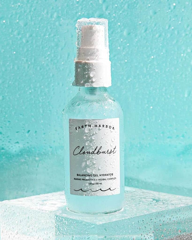 Earth Harbor Cloudburst hyaluronic acid close-up emphasizing plump, hydrated skin.