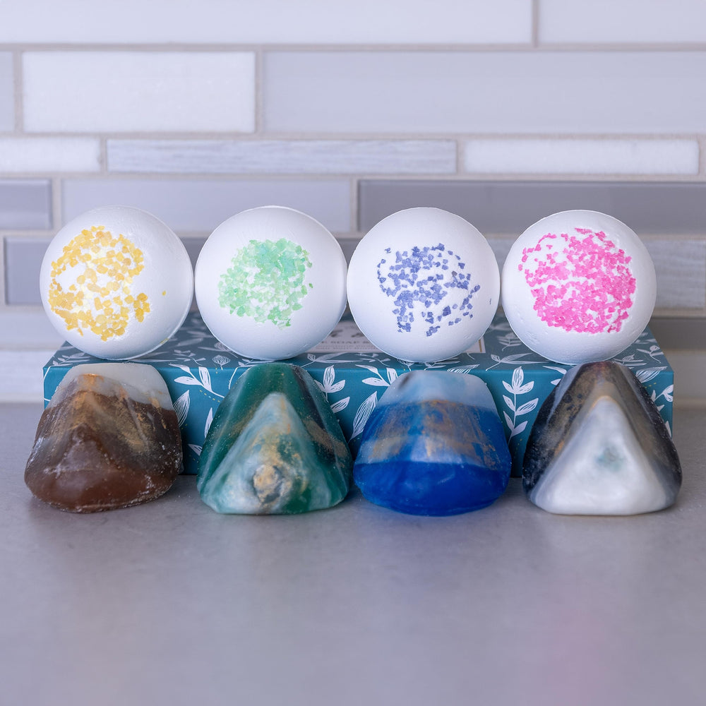 Decorative Earth and Home gemstone soaps displayed stylishly in bathroom