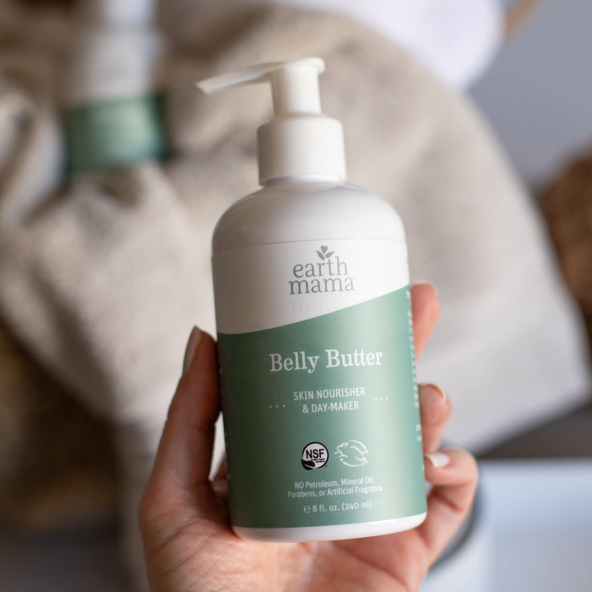 Earth Mama Belly Butter ingredients list featuring shea and jojoba.