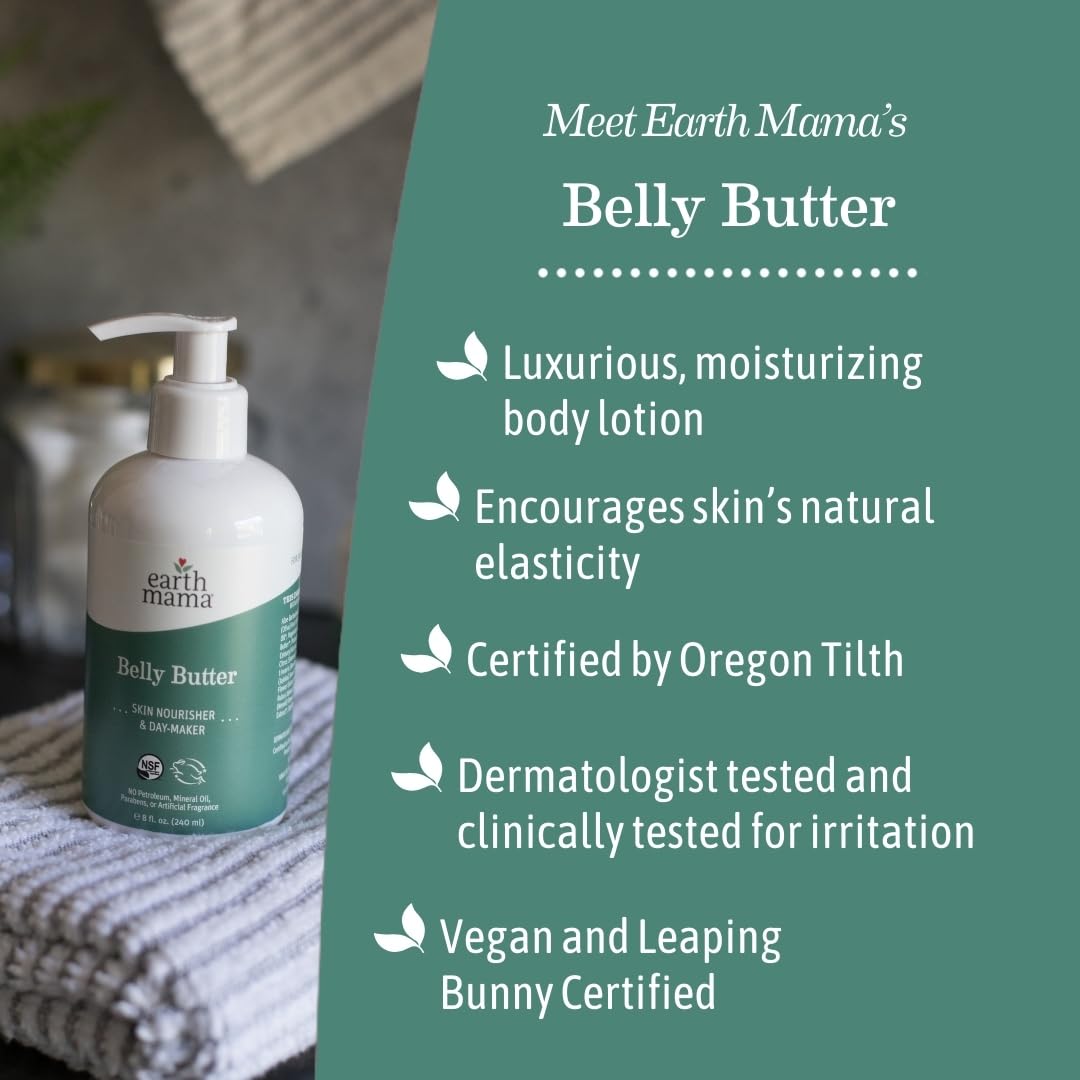 Earth Mama Belly Butter on a bare belly illustrating soothing hydration.