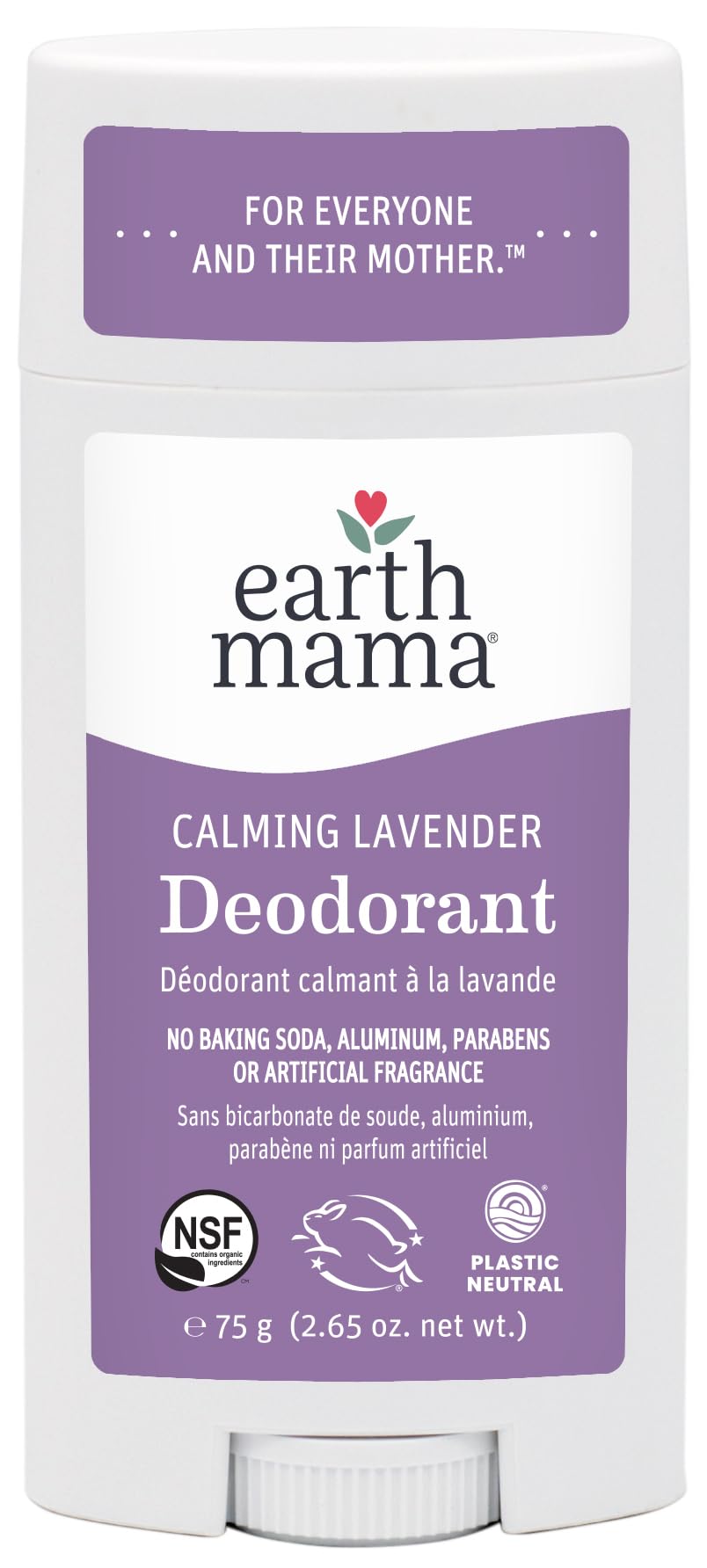 Earth Mama Calming Lavender Deodorant bottle shows aluminum-free formula for sensitive skin.