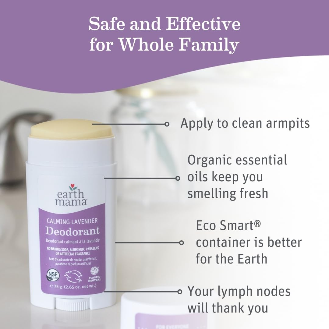 Close-up cap of Earth Mama Calming Lavender Deodorant highlighting travel-friendly packaging.