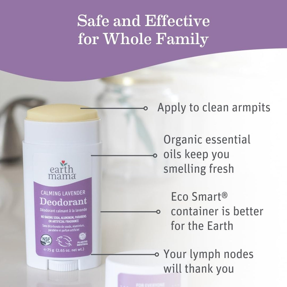 Close-up cap of Earth Mama Calming Lavender Deodorant highlighting travel-friendly packaging.