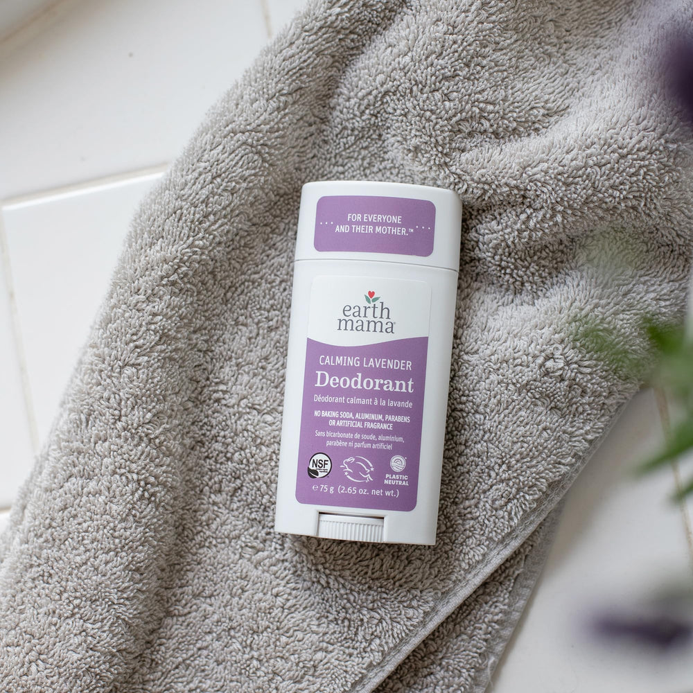 Coconut oil in Earth Mama Calming Lavender Deodorant supports skin hydration.