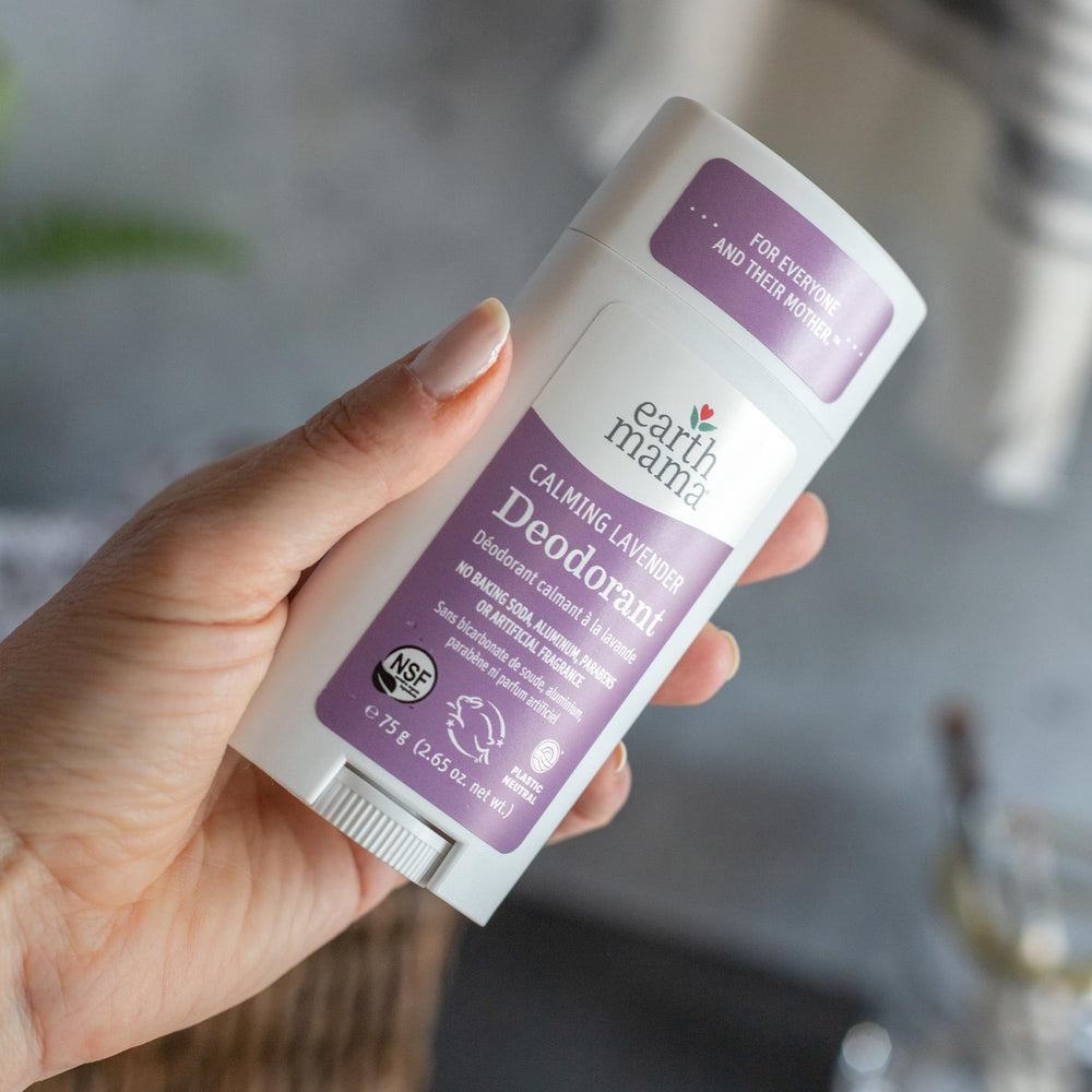 Front of Earth Mama Calming Lavender Deodorant packaging showcases organic ingredients.