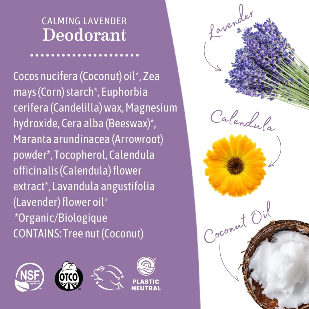 Earth Mama Calming Lavender Deodorant ingredients: lavender, calendula, coconut oil for gentle care.