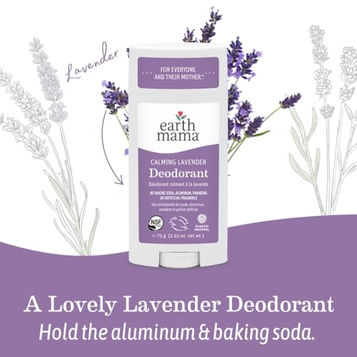 Shelf-ready Earth Mama Calming Lavender Deodorant stored on a bathroom shelf for calm vibes.