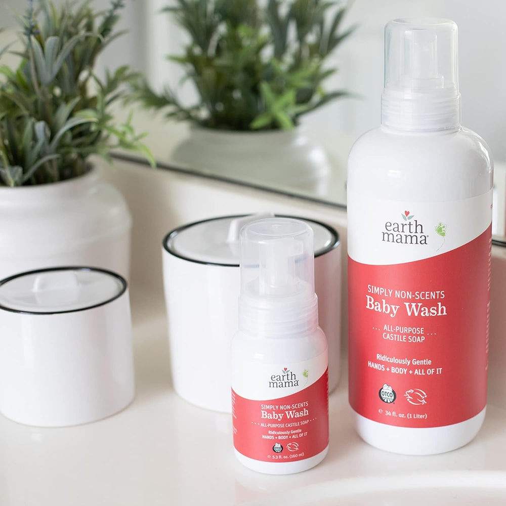 Earth Mama Simply Non-Scents family-friendly bathroom scene with fragrance-free soap