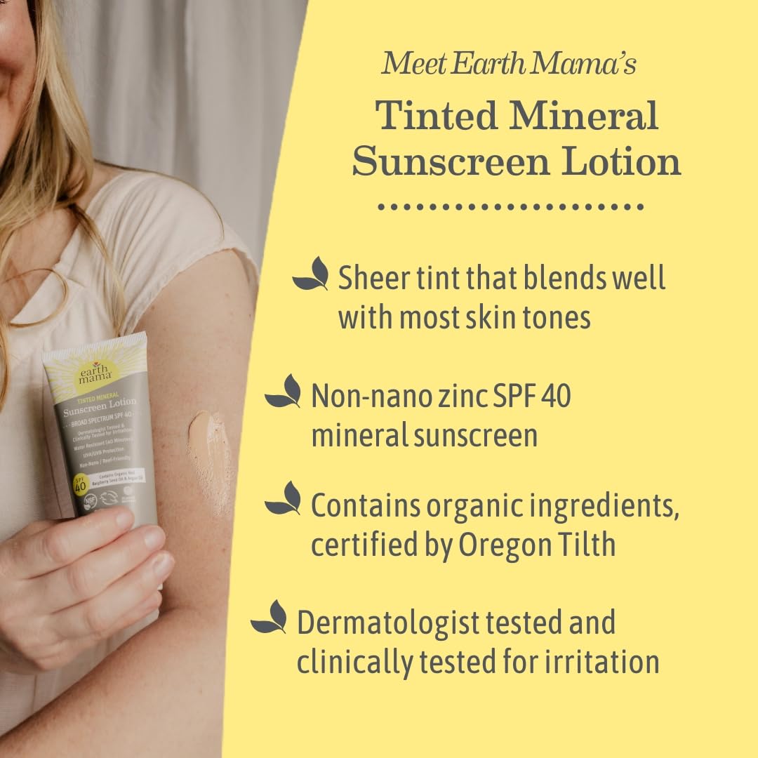 Earth Mama tinted mineral sunscreen lotion application demonstrates easy blending into skin.