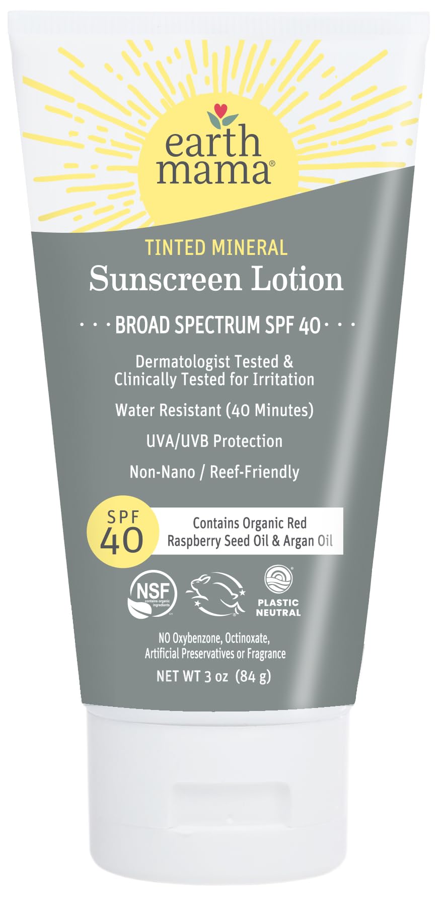 Earth Mama tinted mineral sunscreen lotion tube closeup showing sheer tint for daily sun protection.