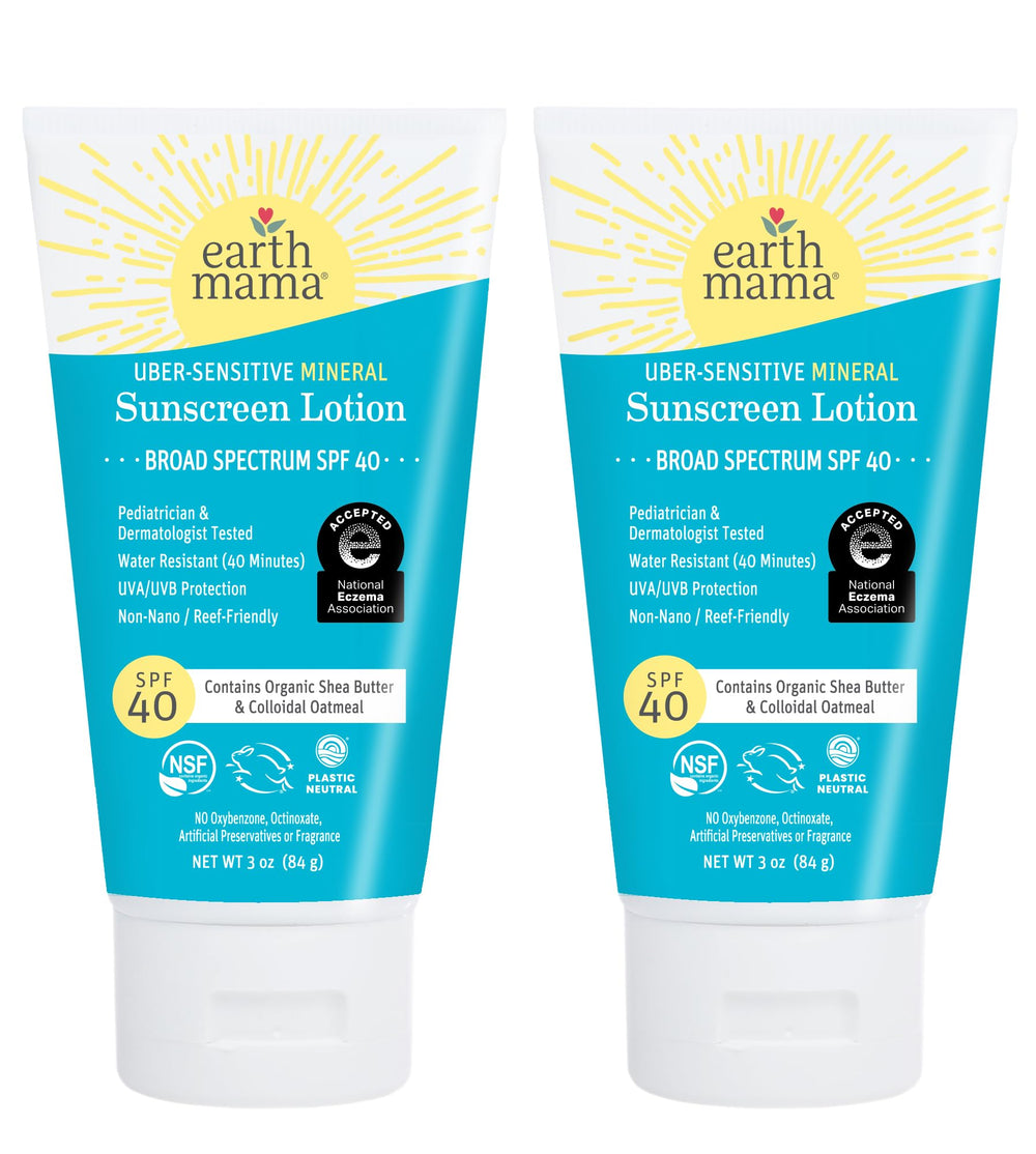 Earth Mama Uber-Sensitive Mineral Sunscreen Lotion bottle front view with SPF 40 protection for all ages