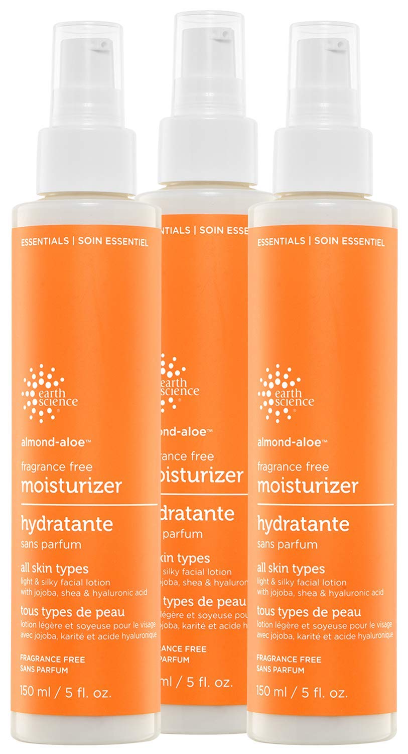 Earth Science fragrance-free almond-aloe moisturizer bottle shows easy daily hydration