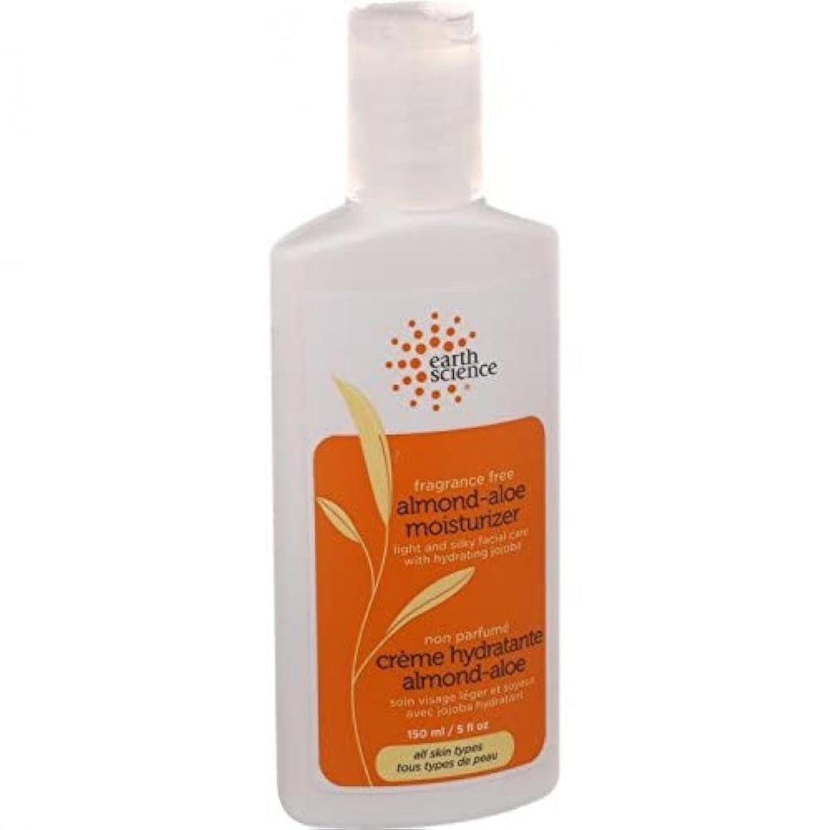 Earth Science fragrance-free almond-aloe moisturizer bottle offers fragrance-free hydration.
