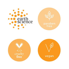 Earth Science fragrance-free almond-aloe moisturizer label highlights vegan, paraben-free benefits.