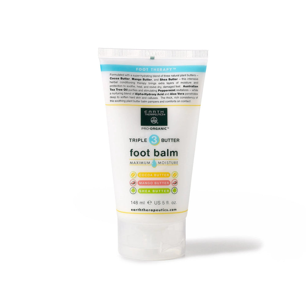 Earth Therapeutics Triple Butter Foot Balm jar front view shows rich moisture for dry feet