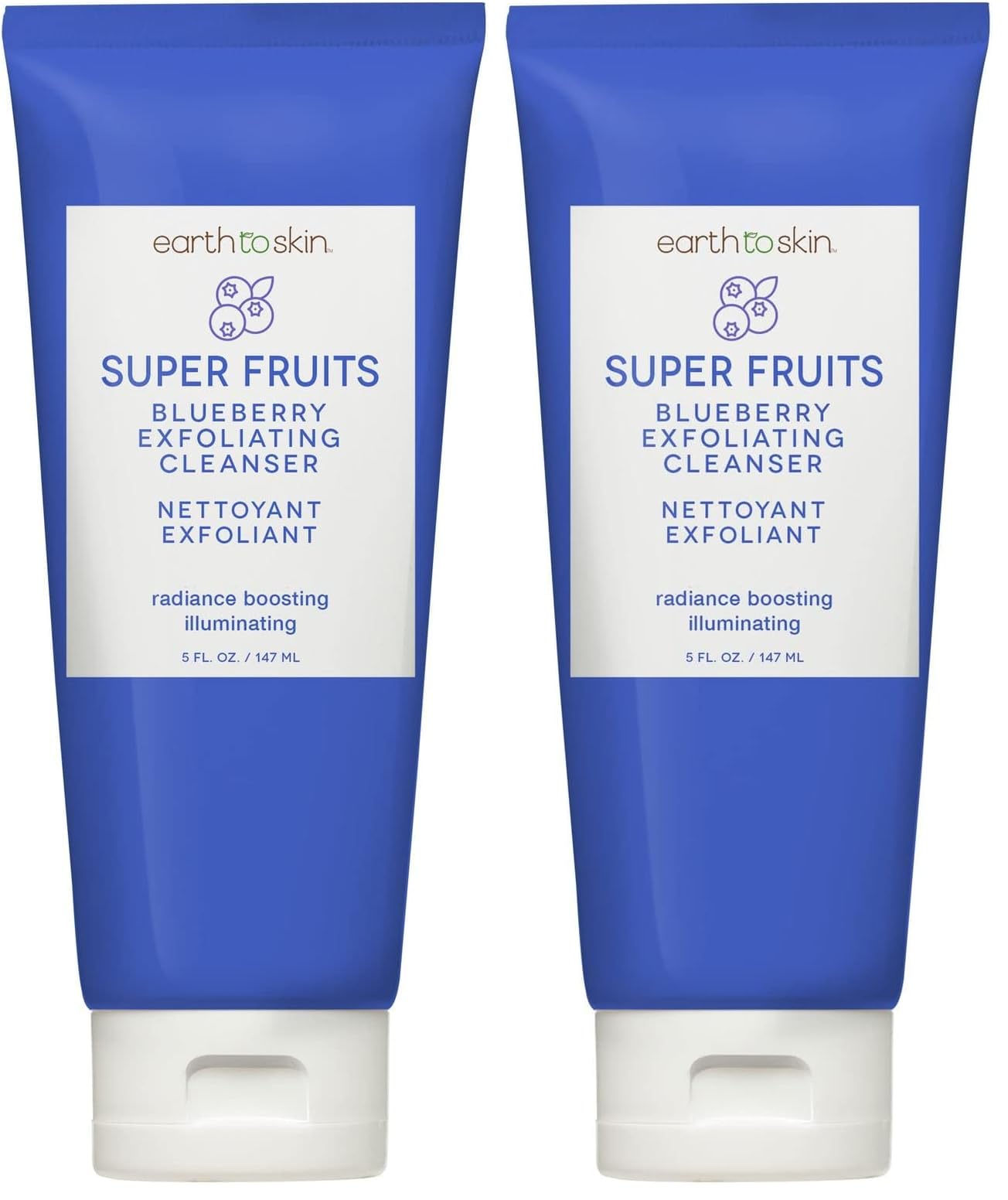 Earth To Skin Blueberry Exfoliating Cleanser bottle pour for a refreshing, antioxidant-rich cleanse.