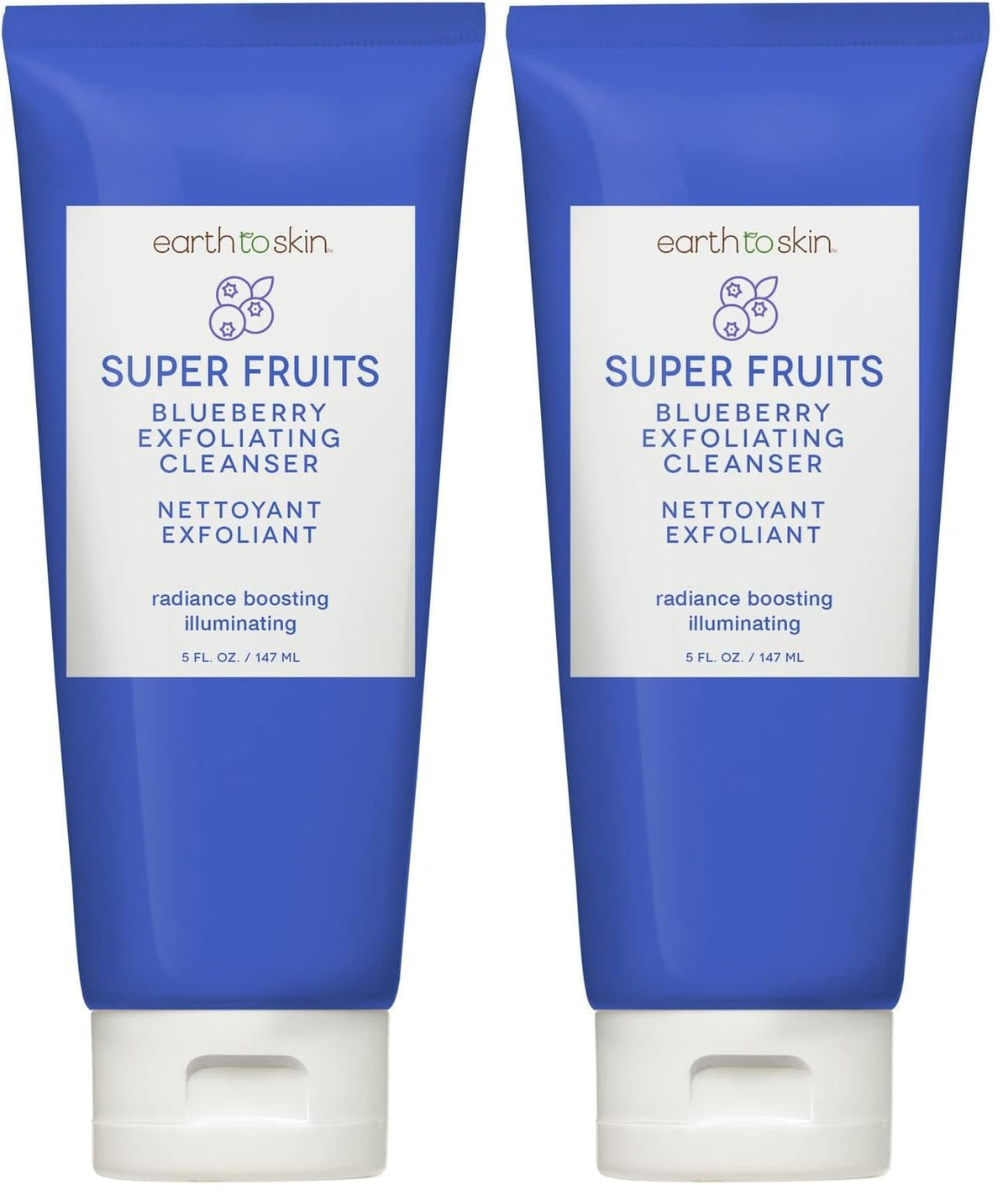 Earth To Skin Blueberry Exfoliating Cleanser bottle pour for a refreshing, antioxidant-rich cleanse.