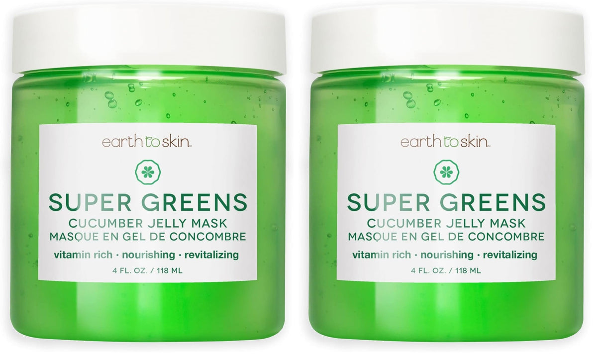 Earth To Skin Super Greens mask jar close-up showing hydration-ready formula