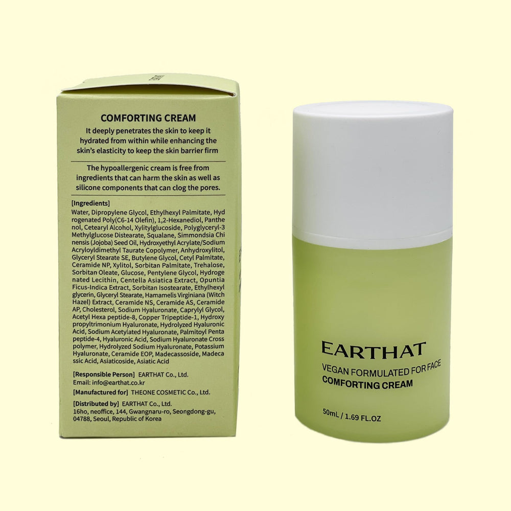 EARTHAT Panthenol Cream packaging design features airless pump for sanitary dispensing.
