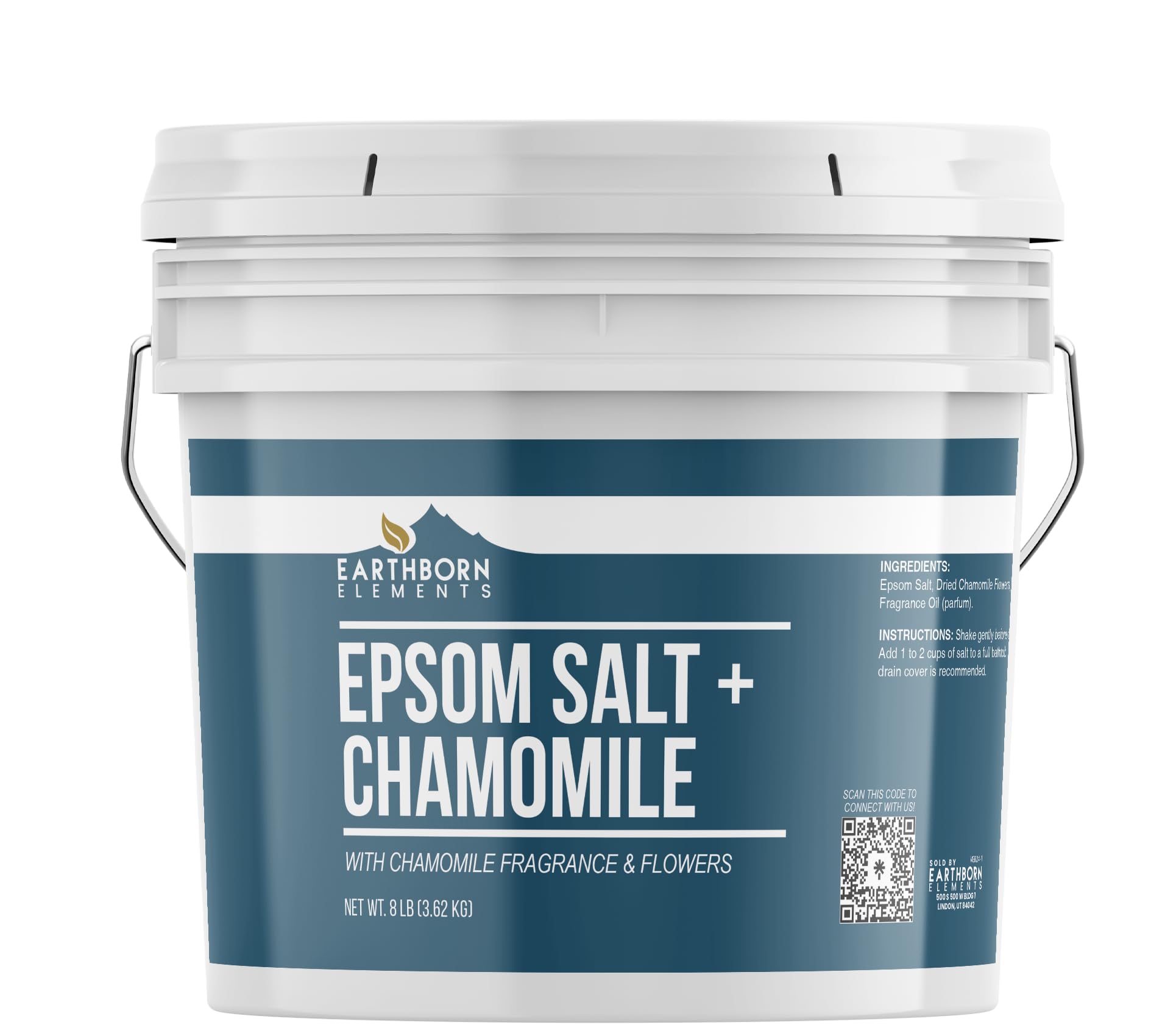 Earthborn Elements chamomile Epsom salt bucket ready for a soothing bath