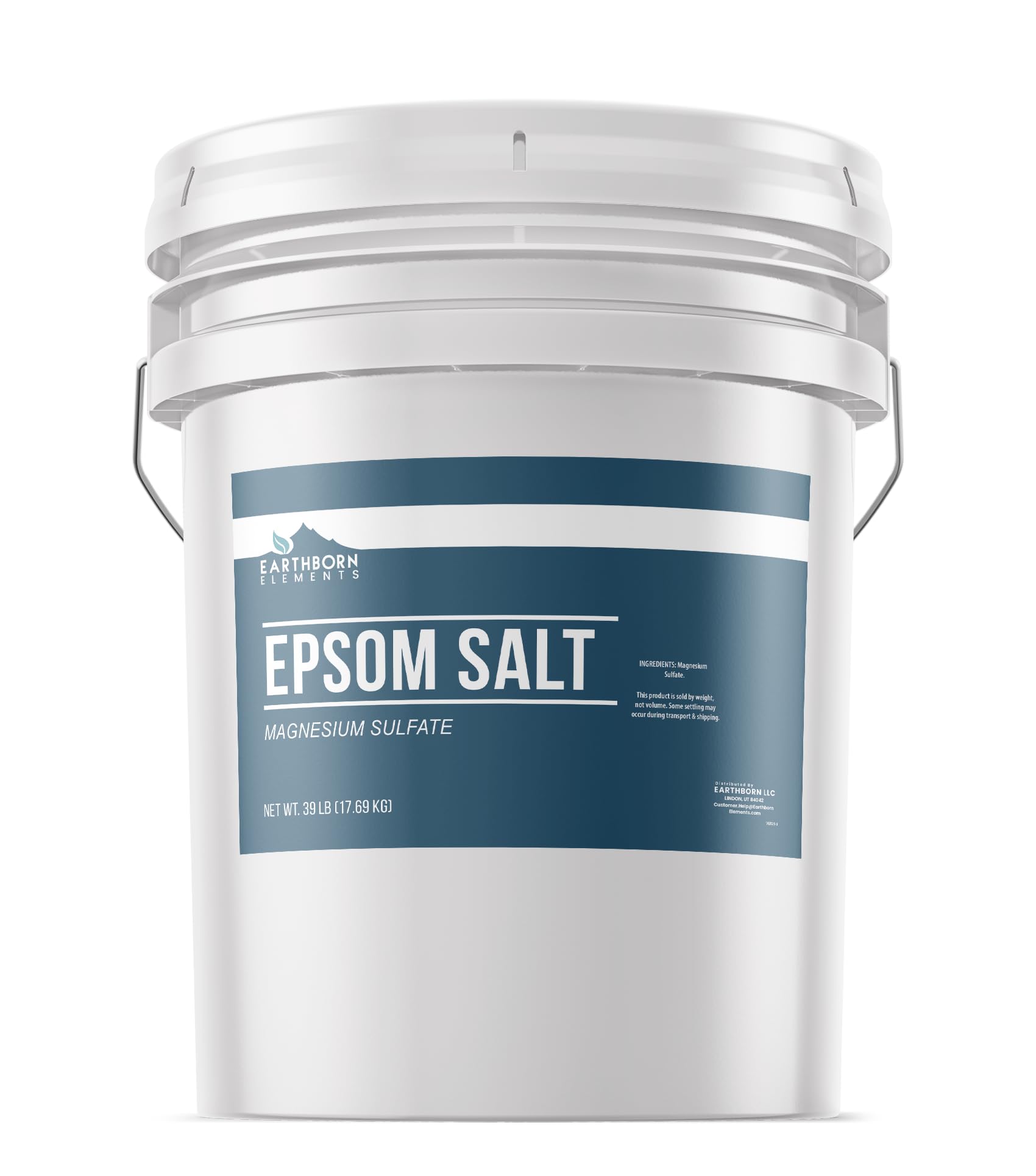 Earthborn Elements Epsom Salt in a resealable bucket for easy storage and long soaking.