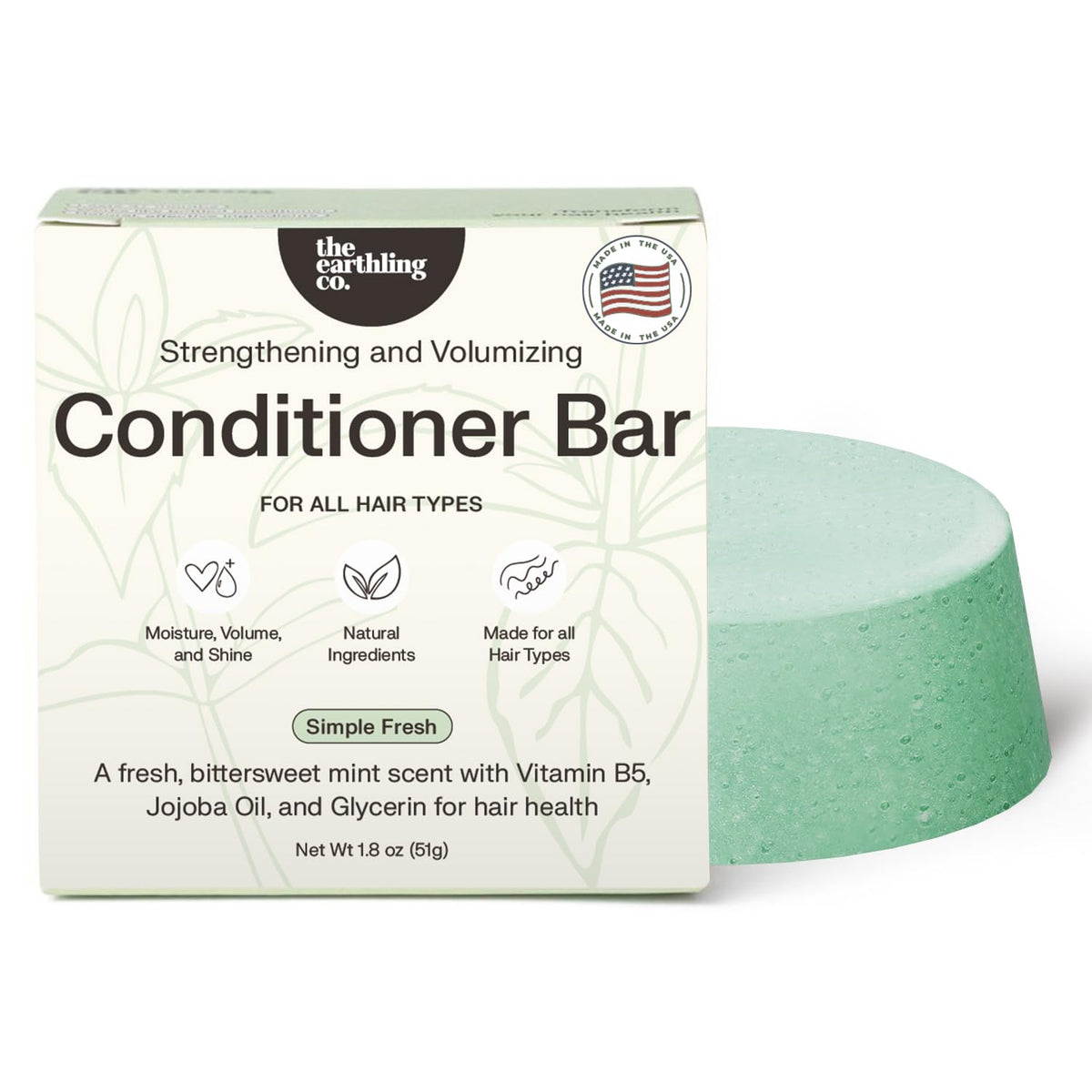 The Earthling Co. conditioner bar packaging closeup, eco-friendly design ideal for travel.