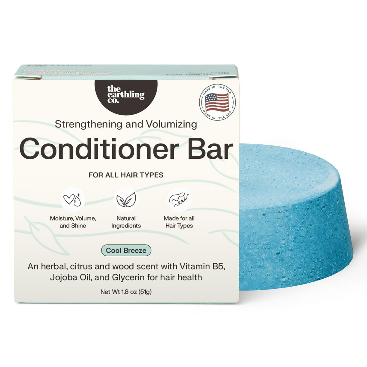 The Earthling Co. conditioner bar in Cool Breeze packaging, ready for detangling.