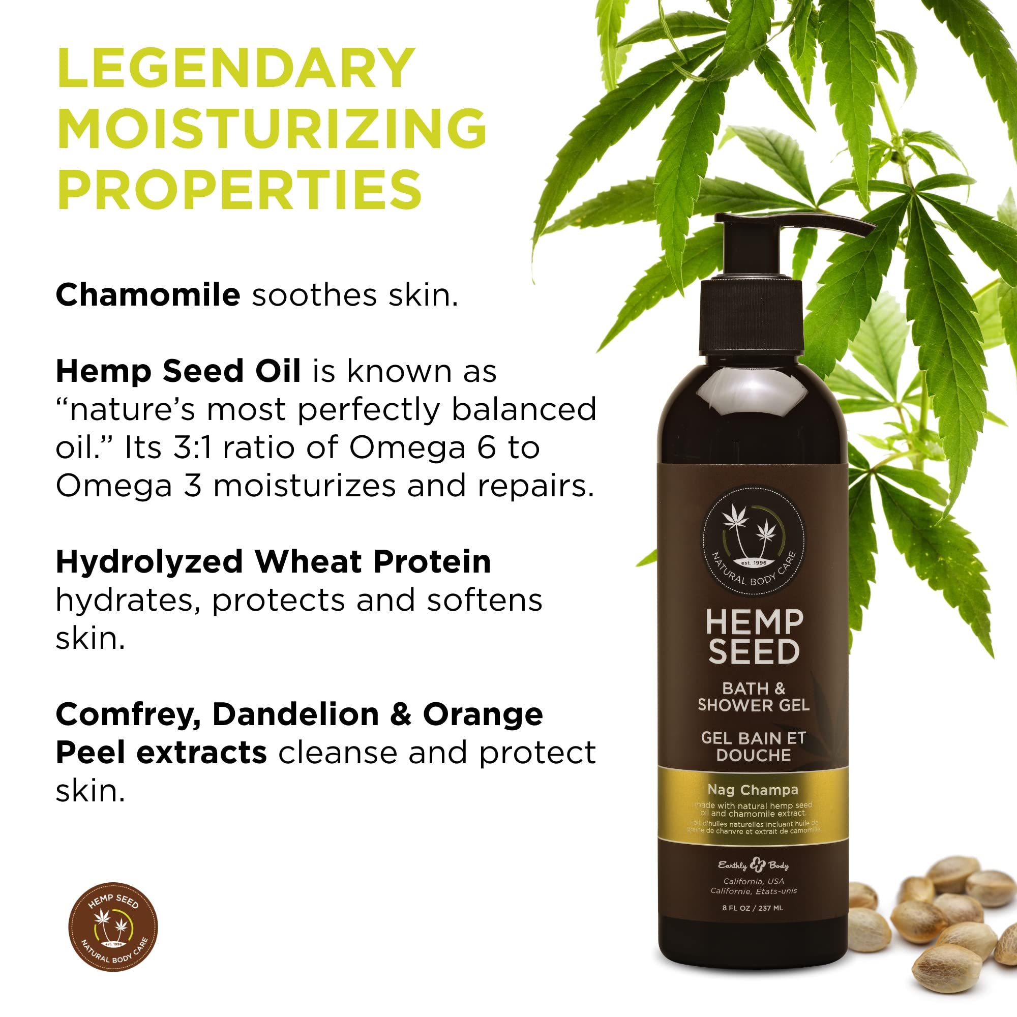Ingredients close-up of Earthly Body Hemp Seed product with hemp oil and chamomile.