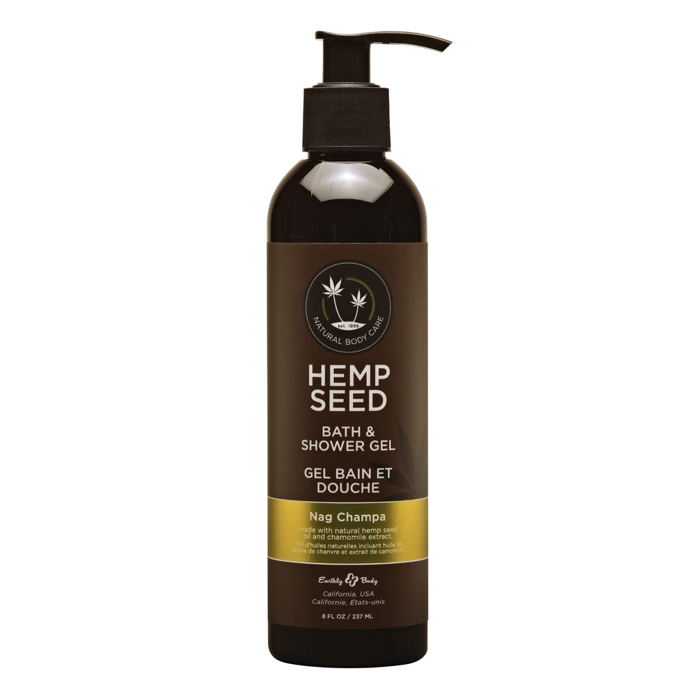 Earthly Body Hemp Seed Bath & Shower Gel Nag Champa bottle showcases a nourishing cleanse.