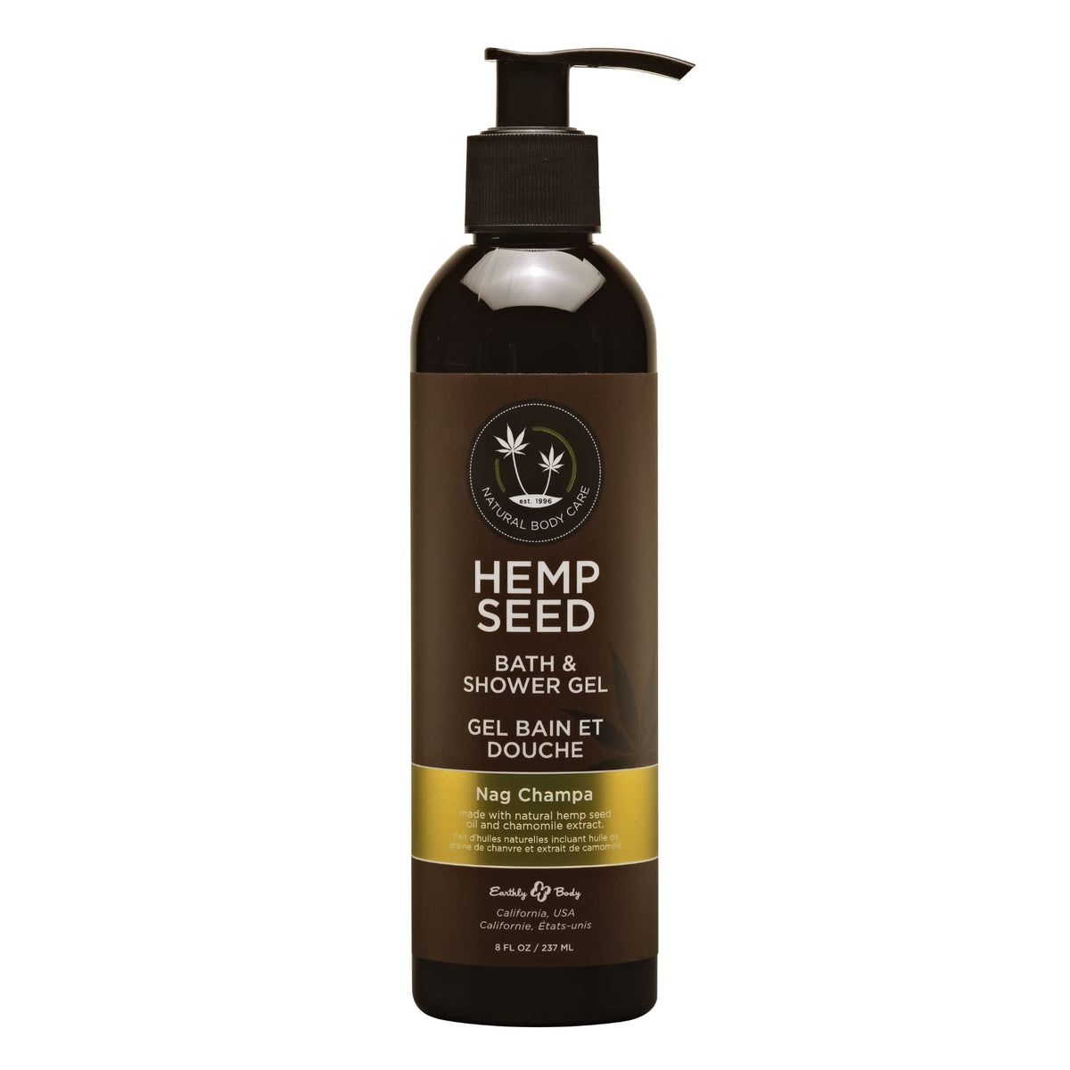 Earthly Body Hemp Seed Bath & Shower Gel Nag Champa bottle showcases a nourishing cleanse.