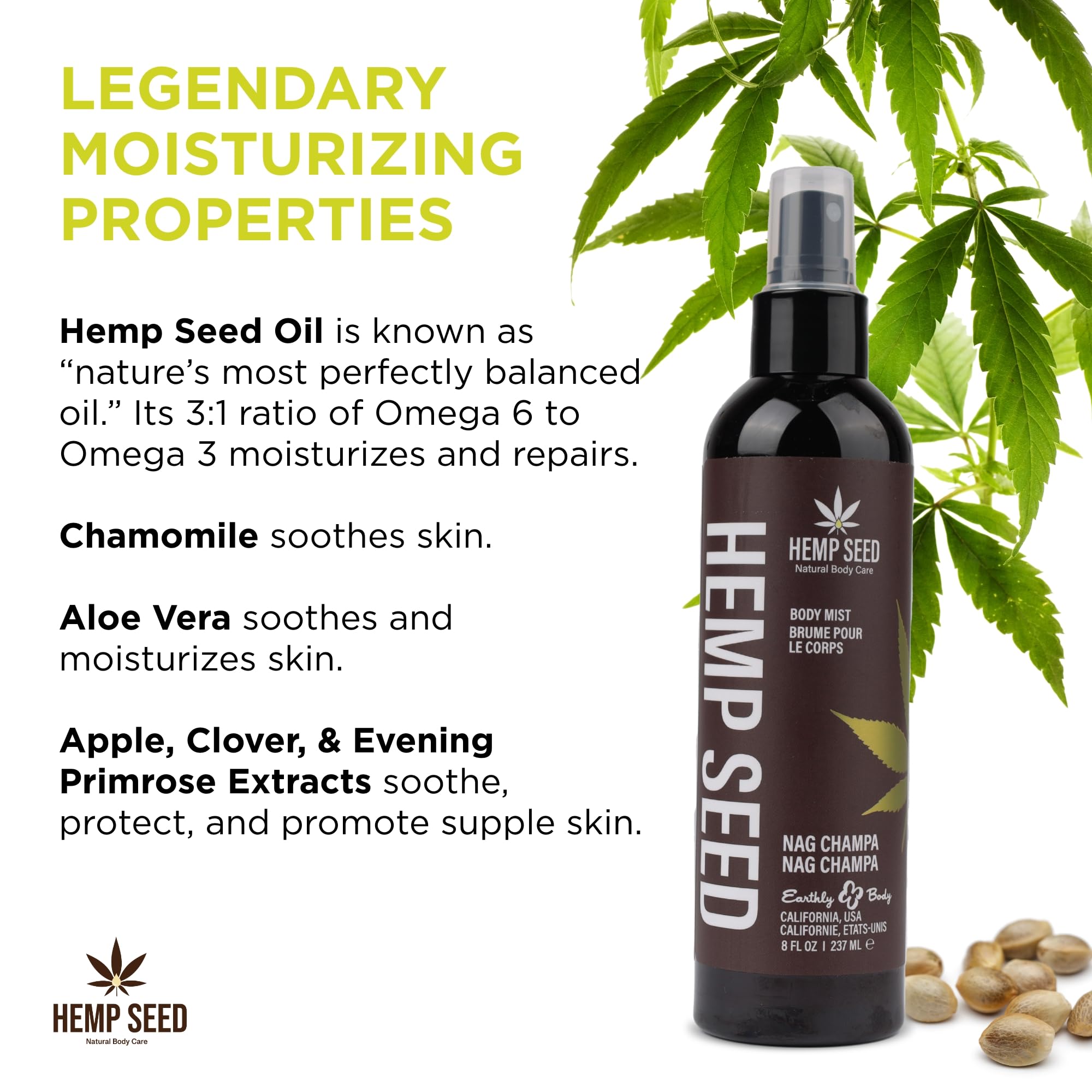 Close-up of hemp seed oil, chamomile, and aloe in Earthly Body formula