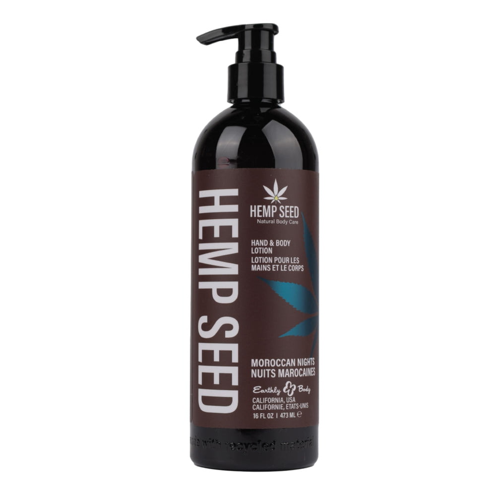 Earthly Body Hemp Seed Hand & Body Lotion Moroccan Nights bottle demonstrates quick absorption for dry skin