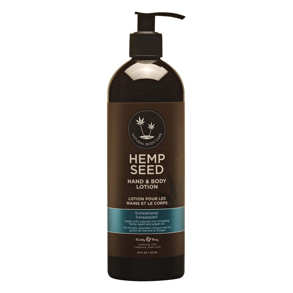 Earthly Body hemp seed hand & body lotion bottle delivering lightweight hydration for dry skin.