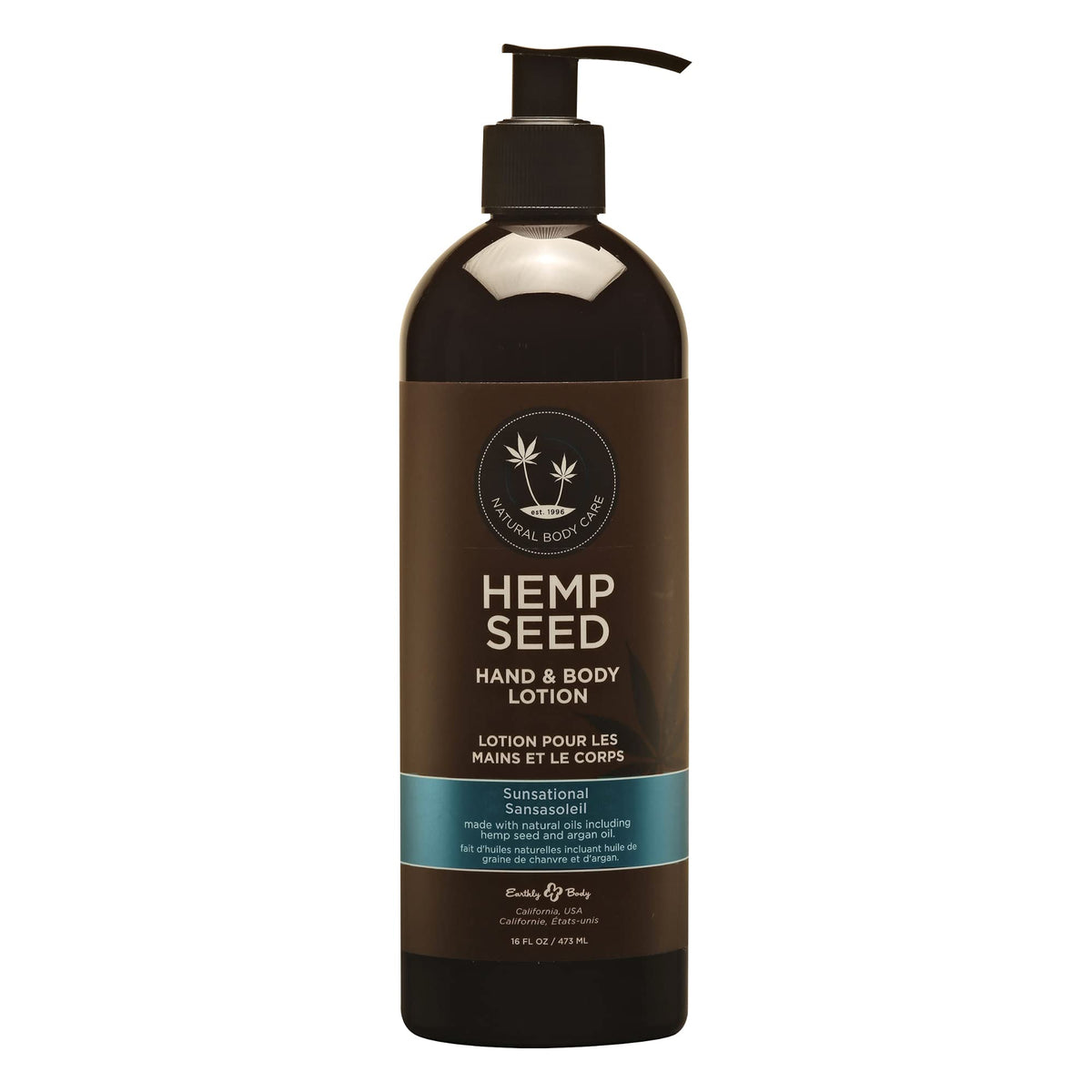 Earthly Body hemp seed hand & body lotion bottle delivering lightweight hydration for dry skin.