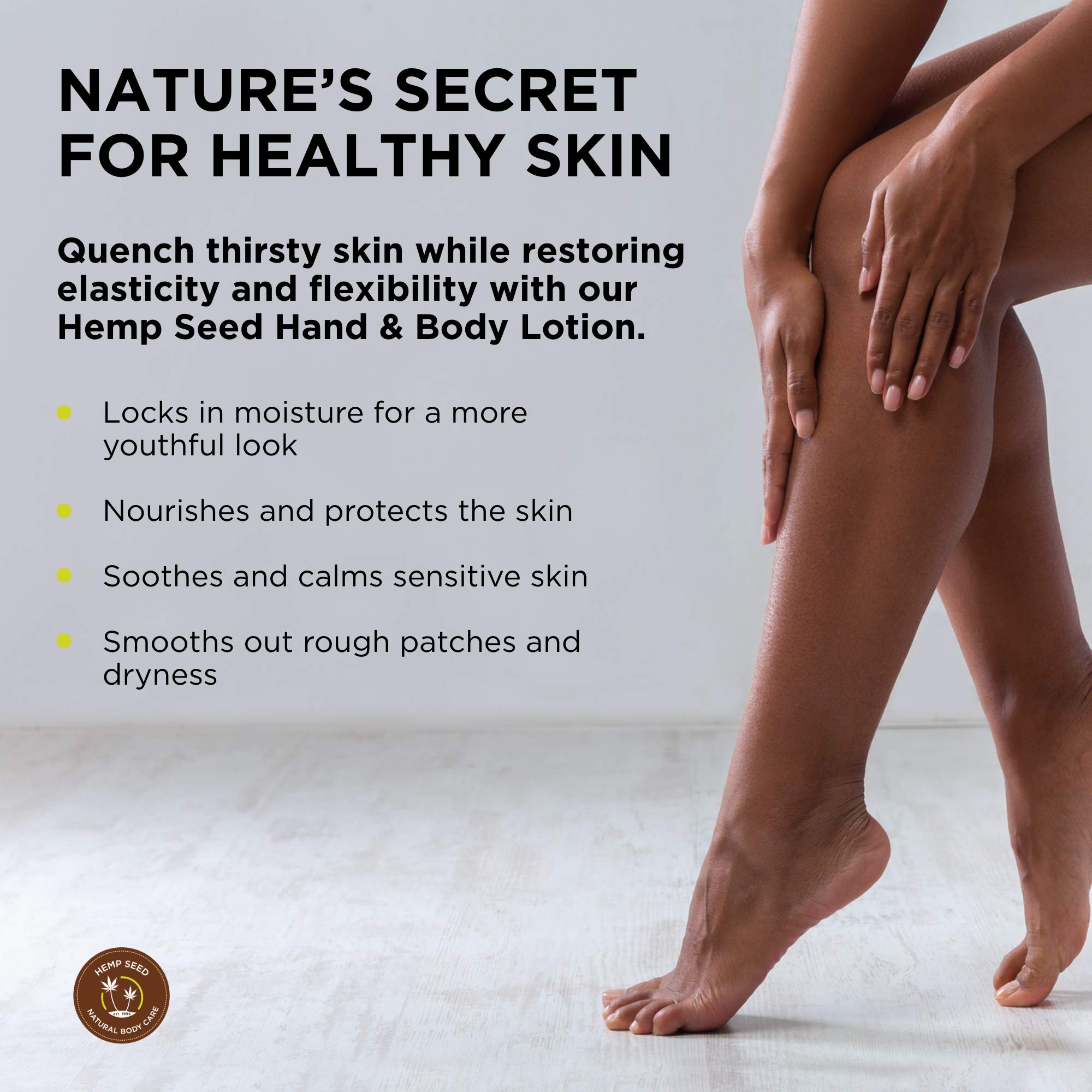 Earthly Body hemp-seed-hand-lotion texture closeup shows quick absorption.
