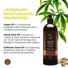 Earthly Body Hemp Seed Lotion bottle shows lightweight hydration without sticky residue