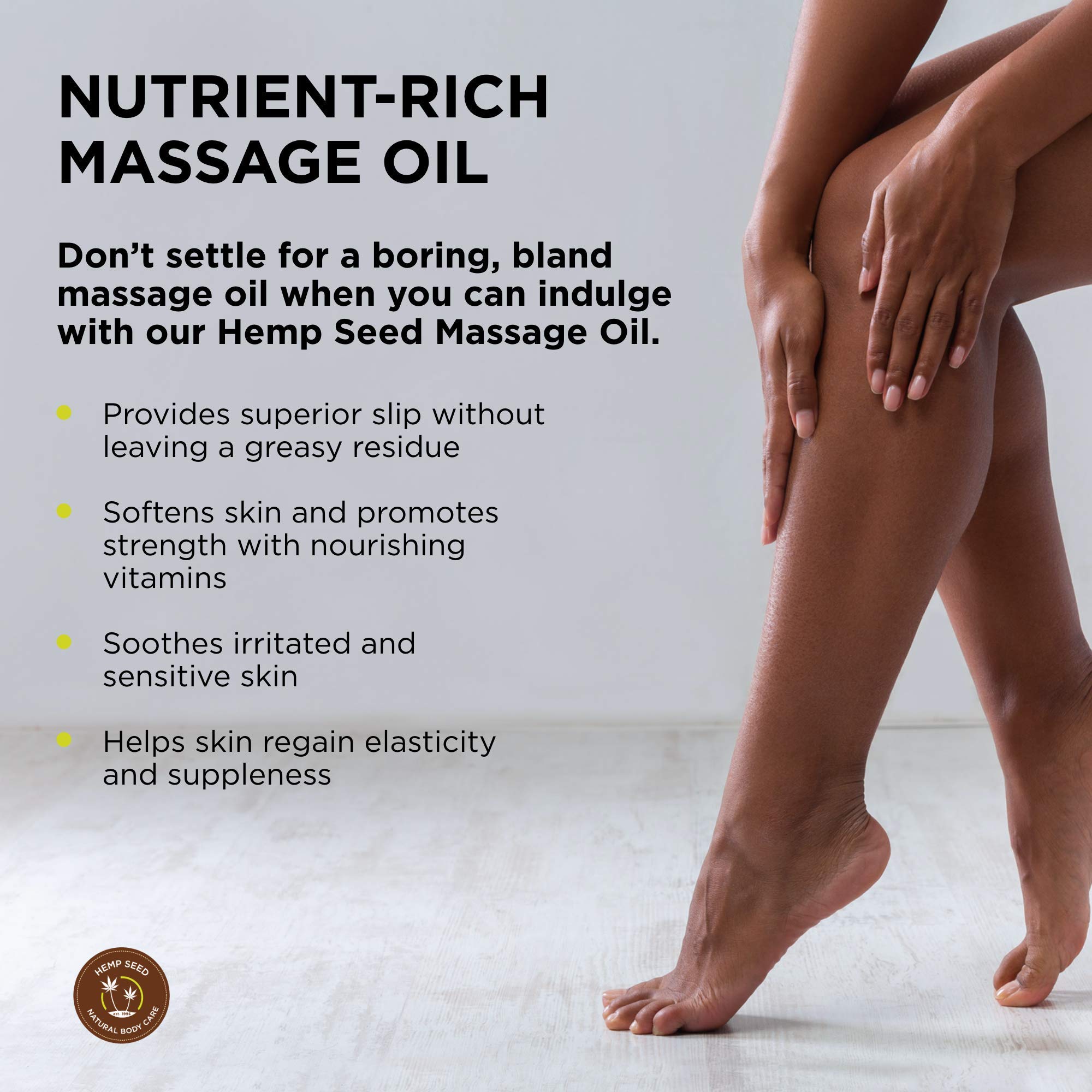 Earthly Body Hemp Seed Massage Oil being poured to reveal smooth slip.