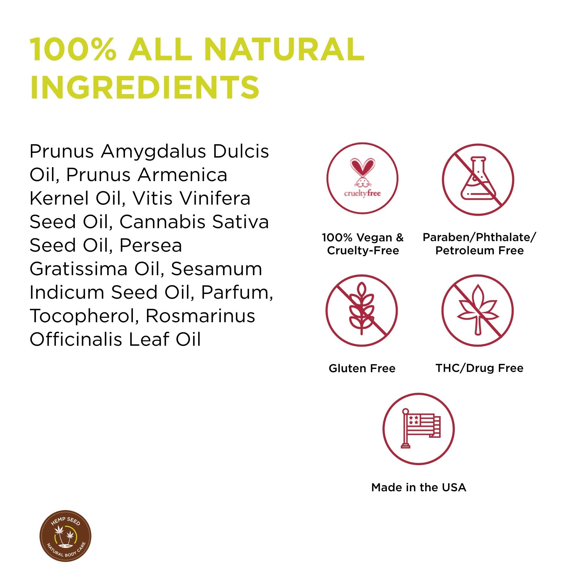 Earthly Body Hemp Seed Massage Oil close-up of hemp, almond, grapeseed ingredients.