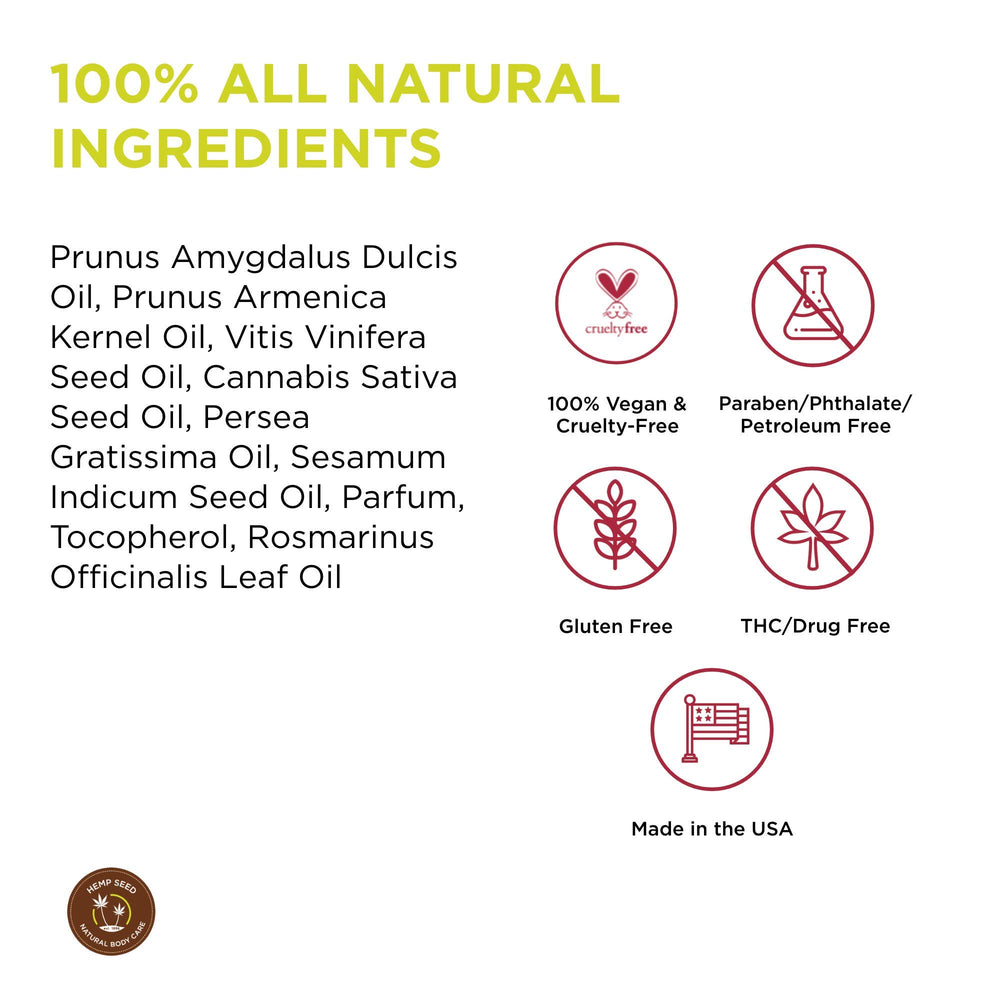 Earthly Body Hemp Seed Massage Oil close-up of hemp, almond, grapeseed ingredients.
