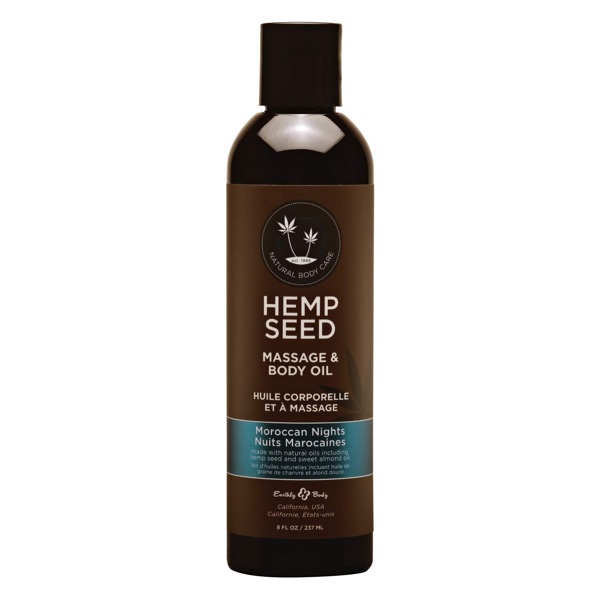 Earthly Body Hemp Seed Massage Oil Moroccan Nights bottle providing deep hydration.