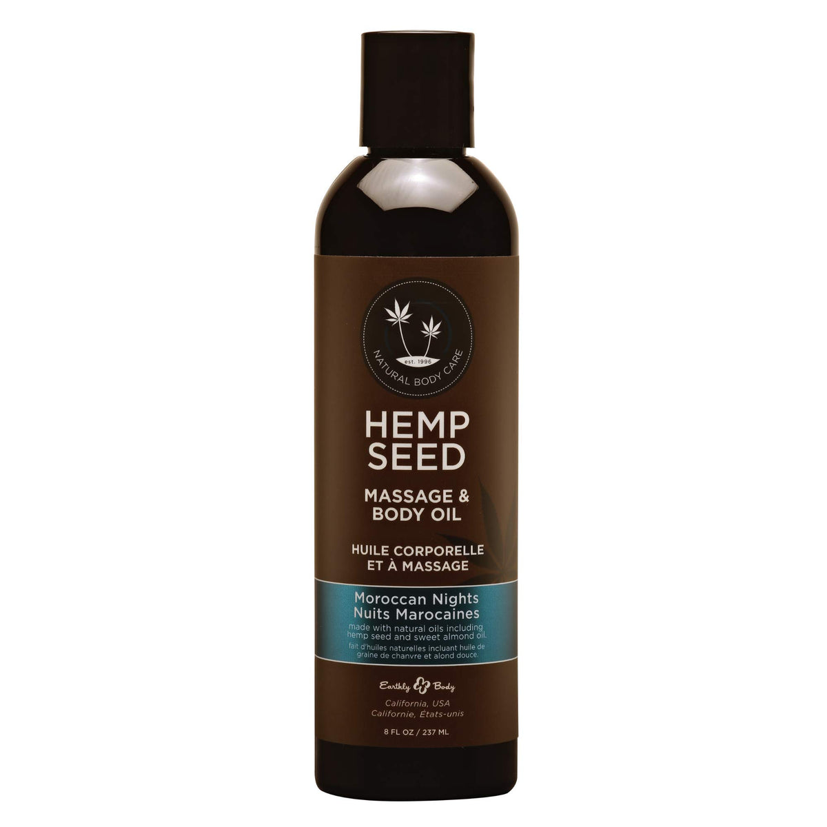 Earthly Body Hemp Seed Massage Oil Moroccan Nights bottle providing deep hydration.
