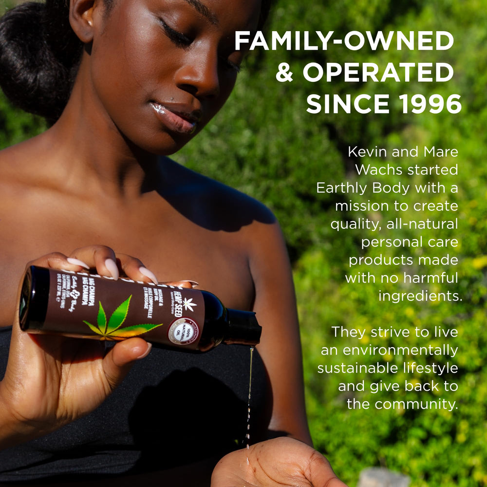 Earthly Body Hemp Seed Massage Oil Nag Champa bottle close-up for premium feel