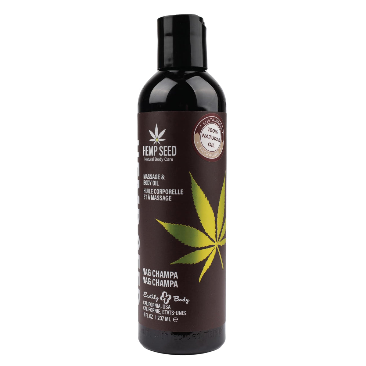 Earthly Body Hemp Seed Massage Oil Nag Champa bottle for soothing massages
