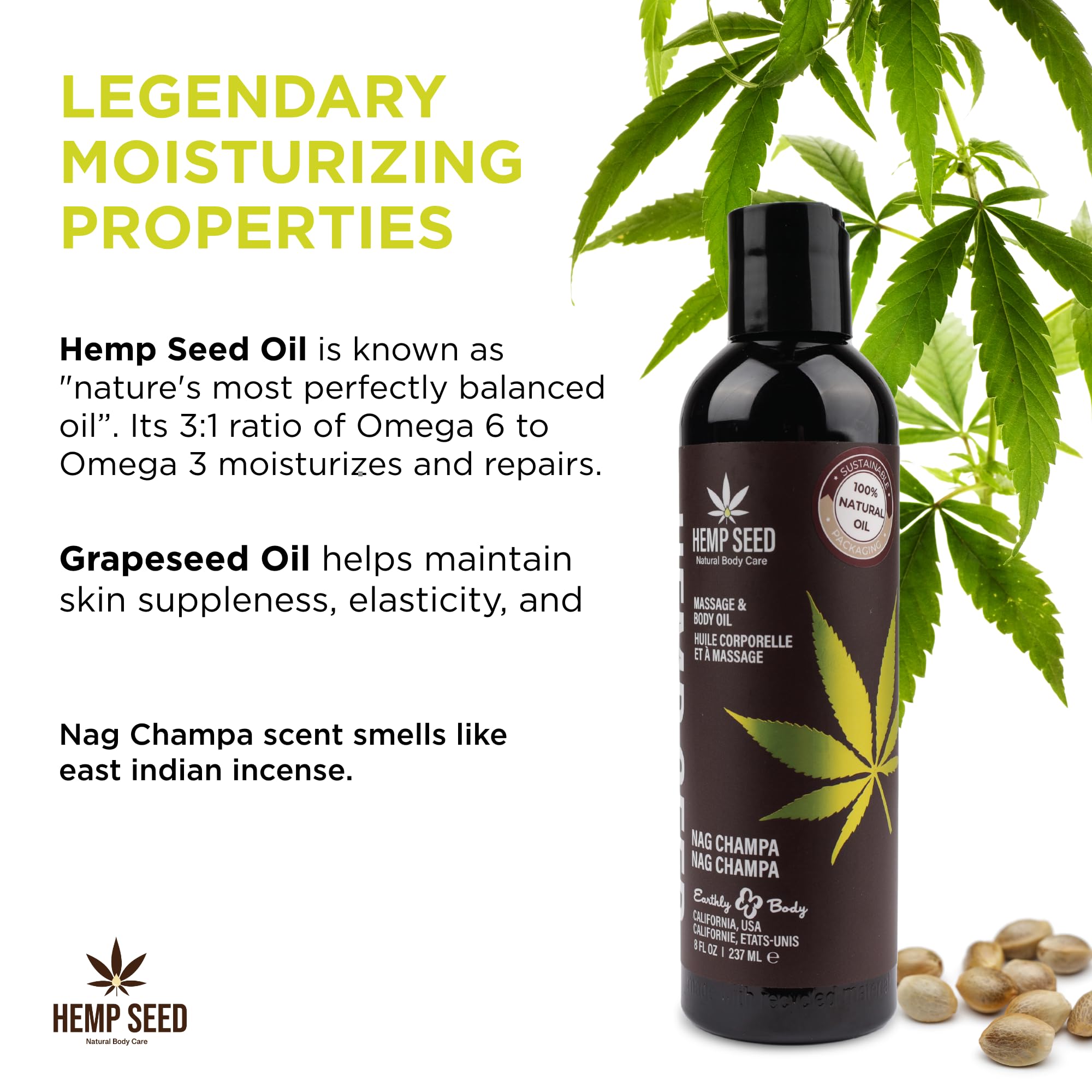 Earthly Body Hemp Seed Massage Oil ingredients with apricot, grapeseed, almond oils for nourishing skin